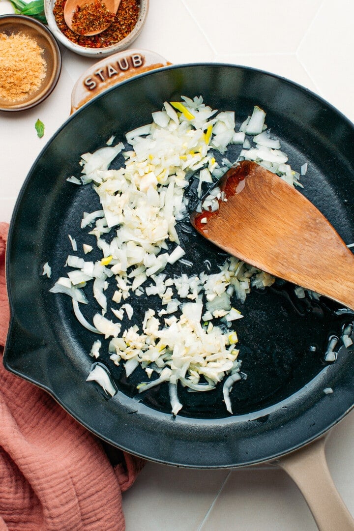 Minced onion and garlic in a skillet.