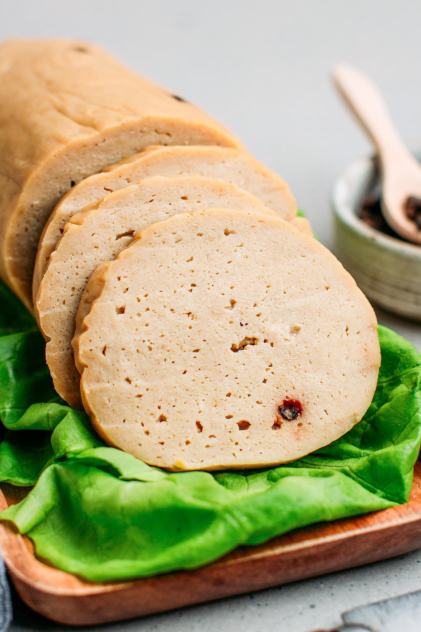 Close-up of slices of vegan bologna.