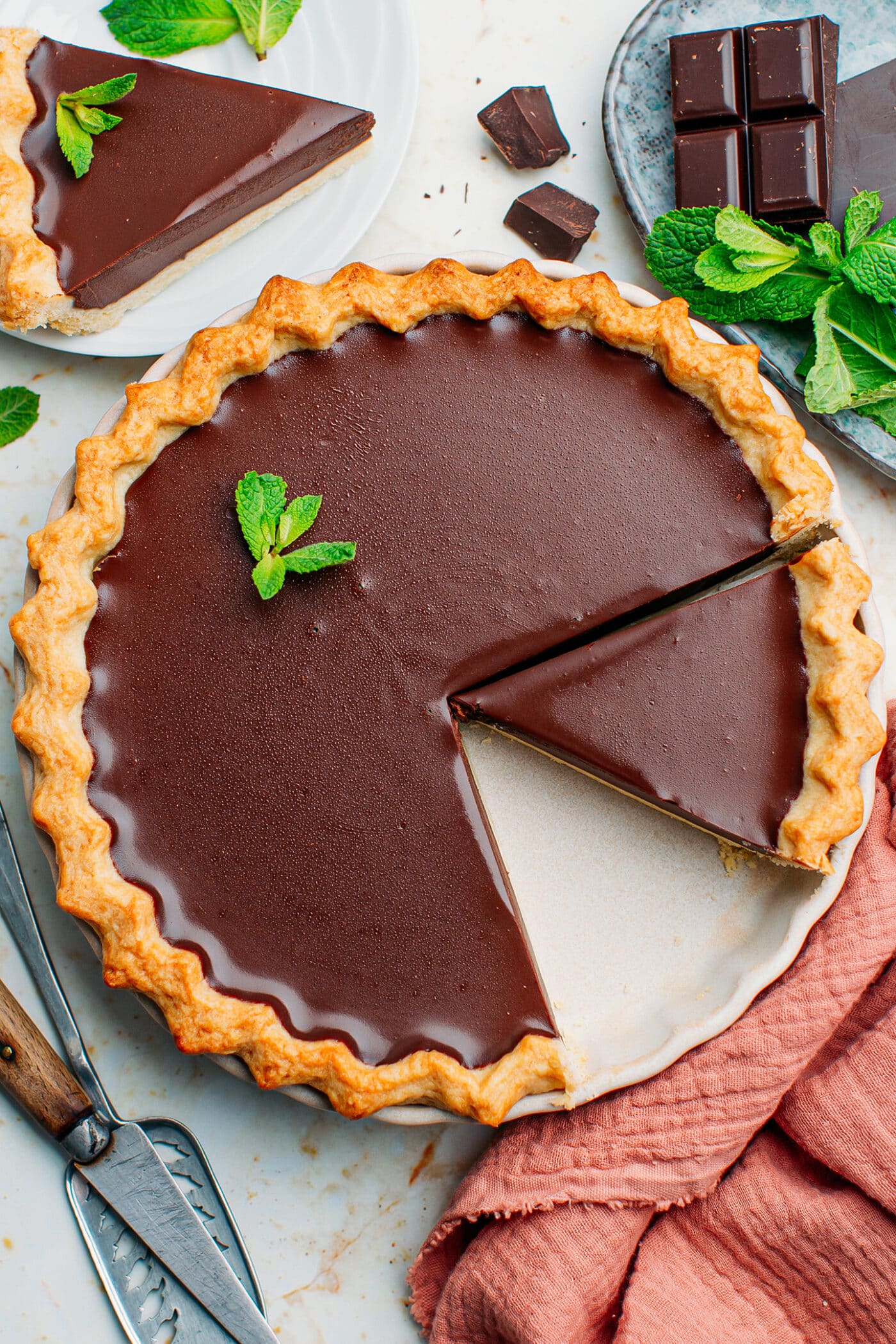 Top view of a chocolate ganache tart.