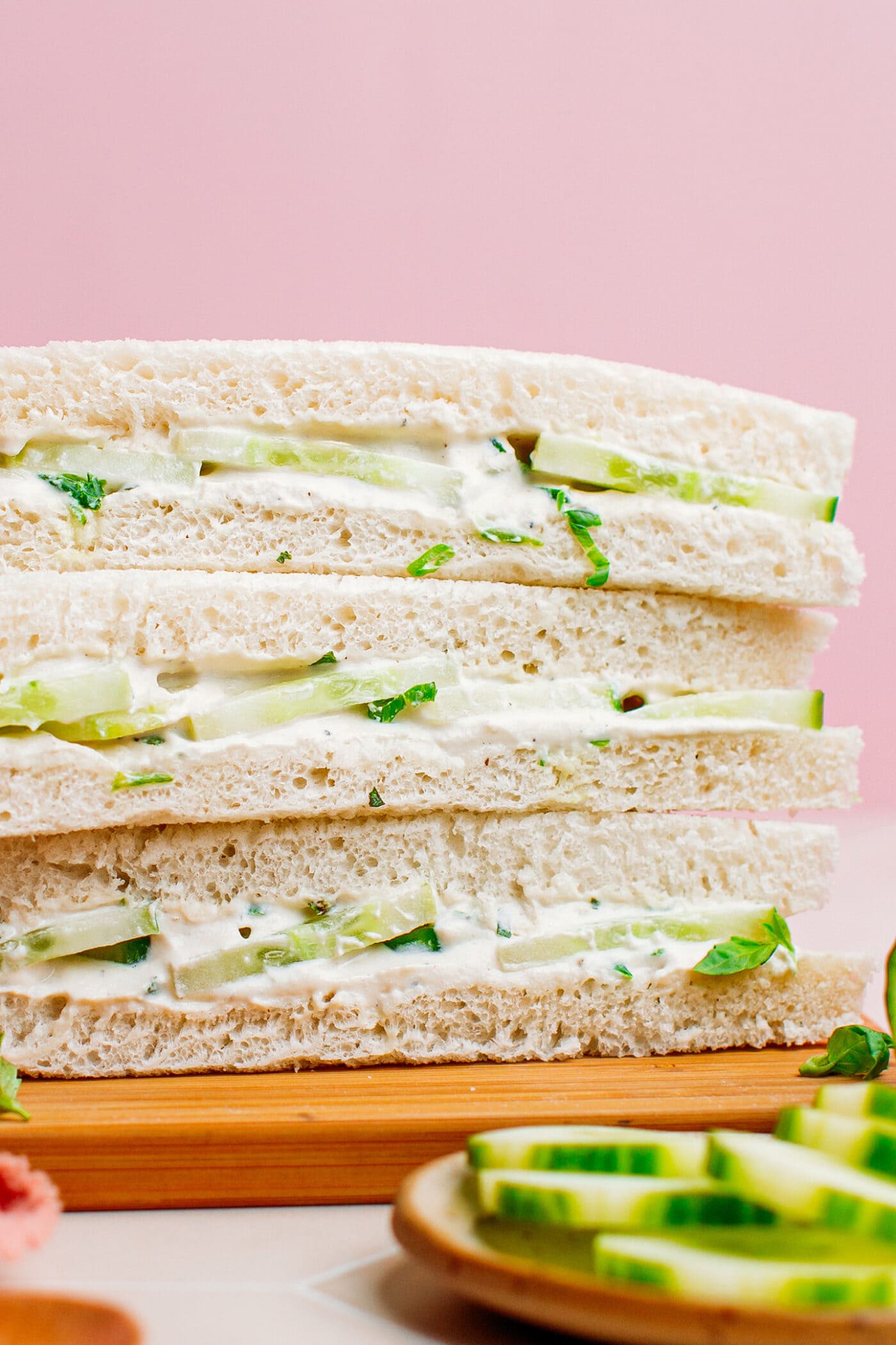 Close-up of vegan cucumber sandwiches.