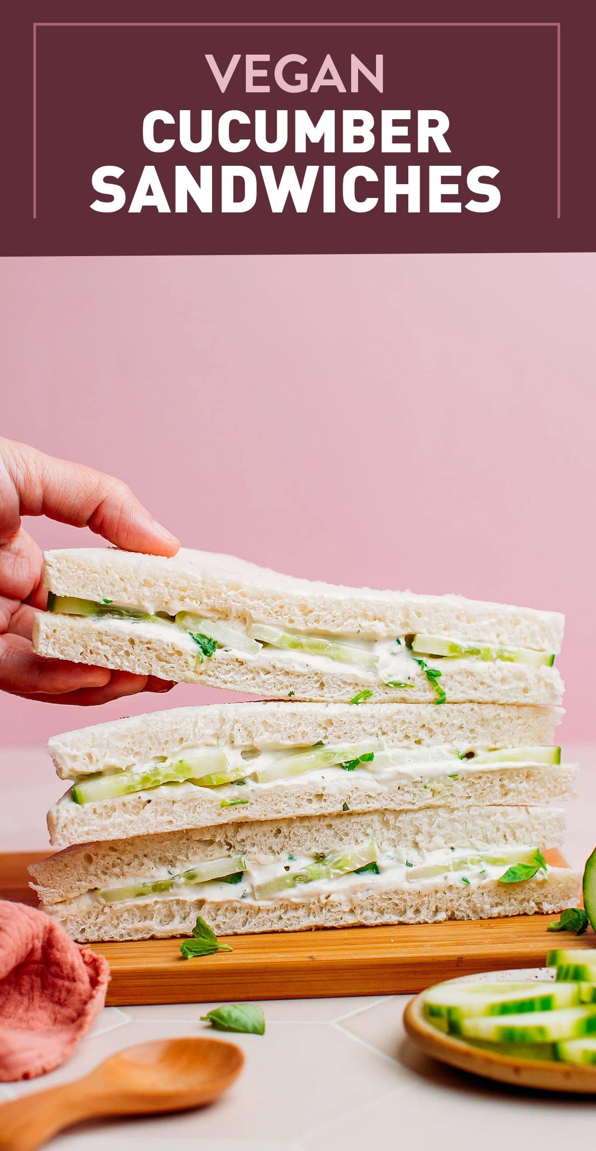 These vegan cucumber sandwiches are filled with cream cheese, mayonnaise, and plenty of fresh herbs. The perfect appetizer for tea parties, picnics, or basically any occasion! Fresh, crunchy, and ready in just 10 minutes! #vegan #plantbased #sandwich