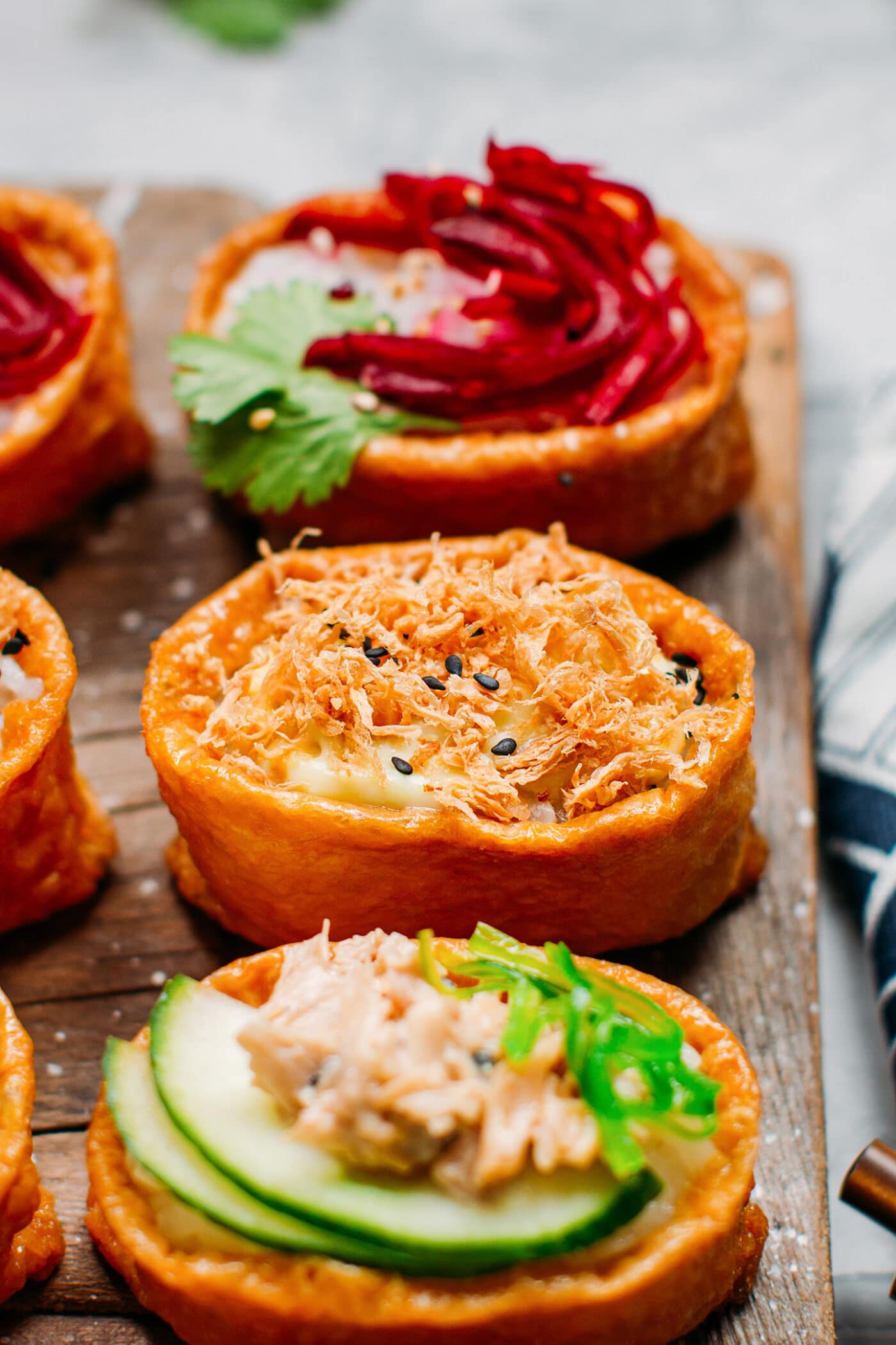 Close up of vegan inari sushi.