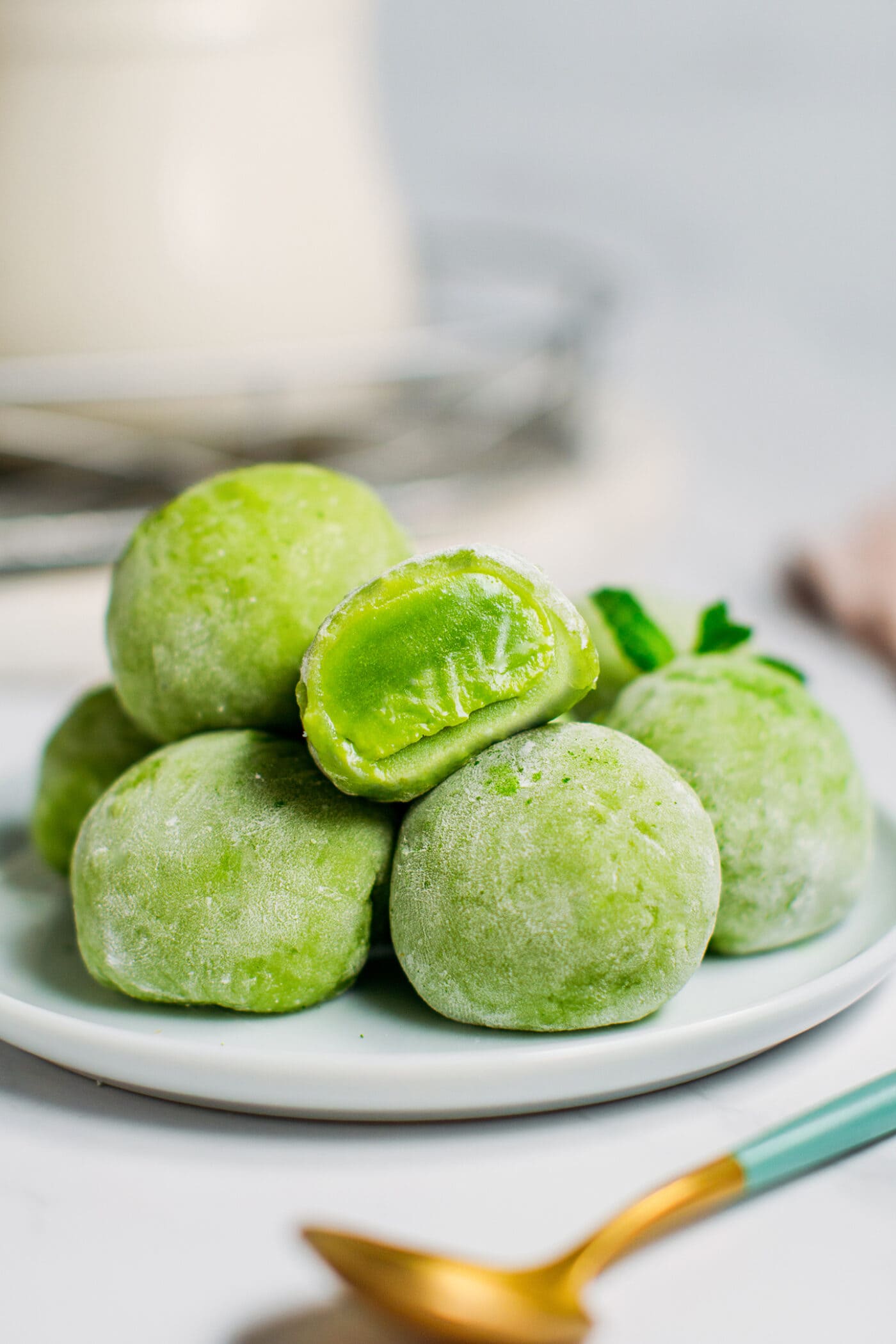 Matcha mochi on a plate.