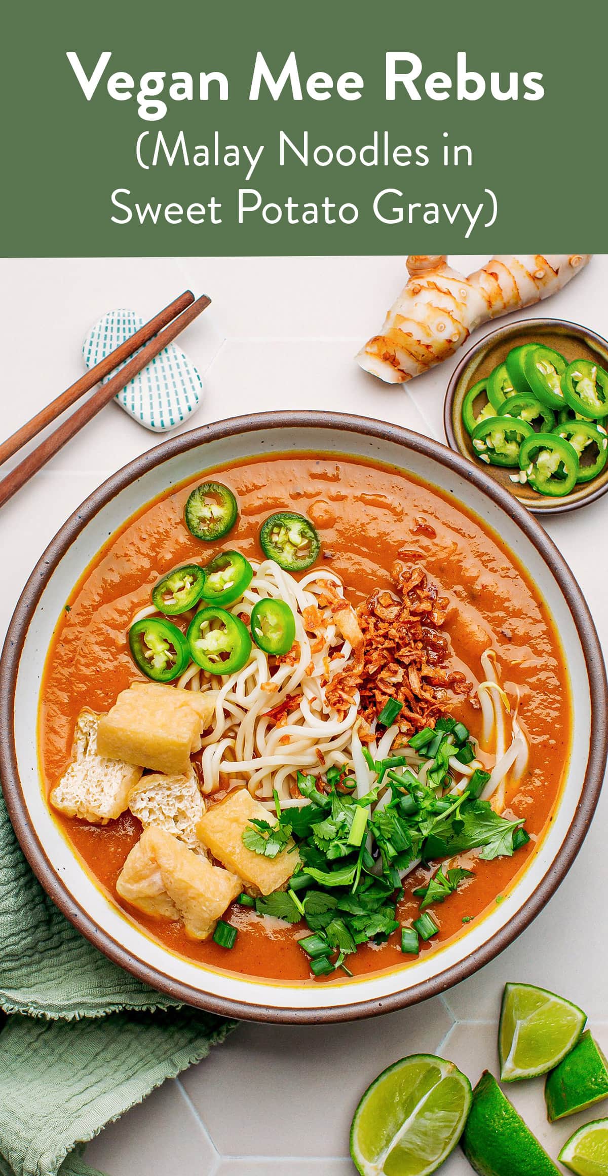 Mee Rebus is a classic Malaysian/Singaporean dish made up of noodles served in a rich and flavorful sweet potato gravy! This vegan version is satisfying, comforting, and loaded with tasty toppings such as fried onions, bean sprouts, chili slices, and fresh herbs! #malaysian #vegan #plantbased