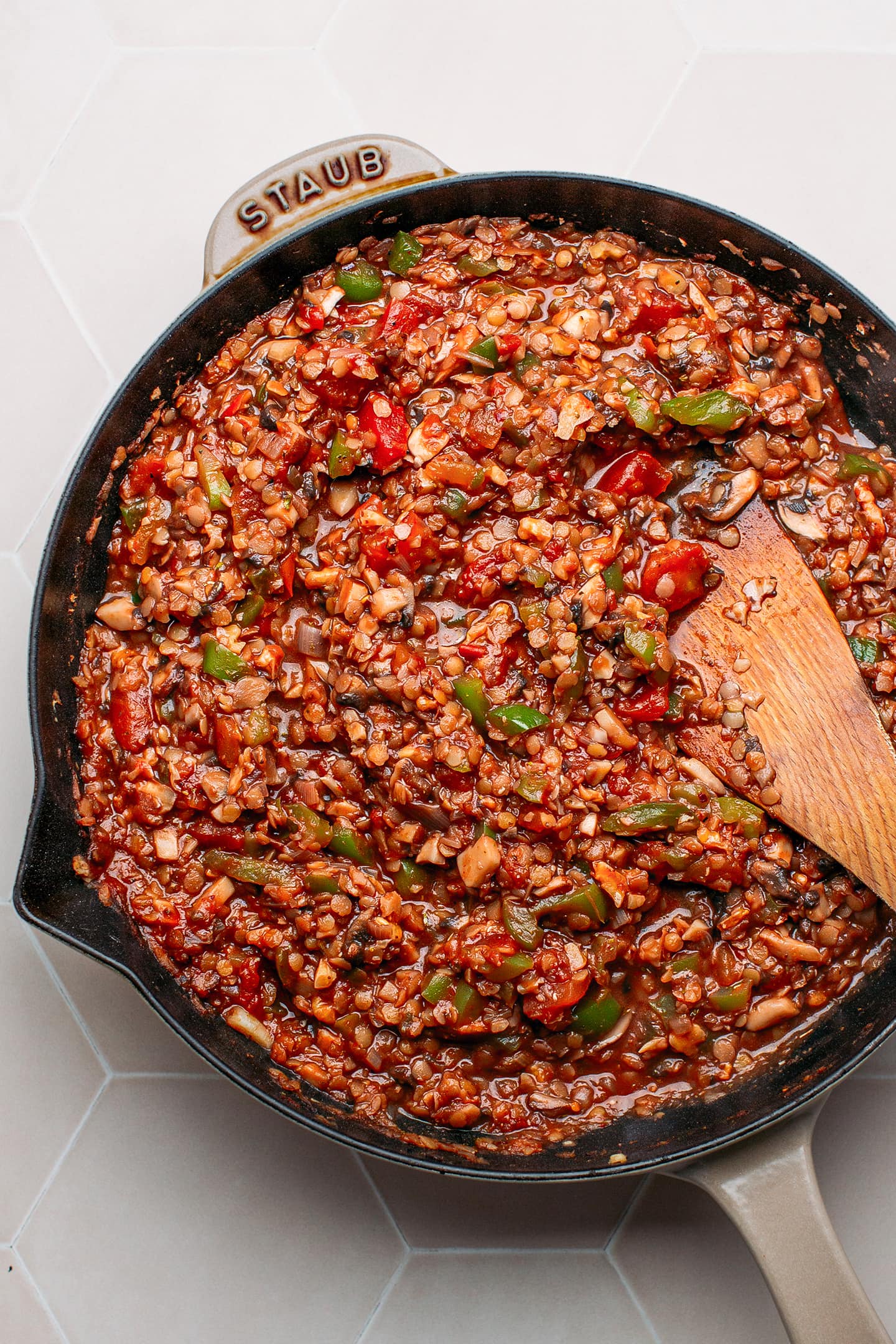 Vegan bolognese in a skillet.