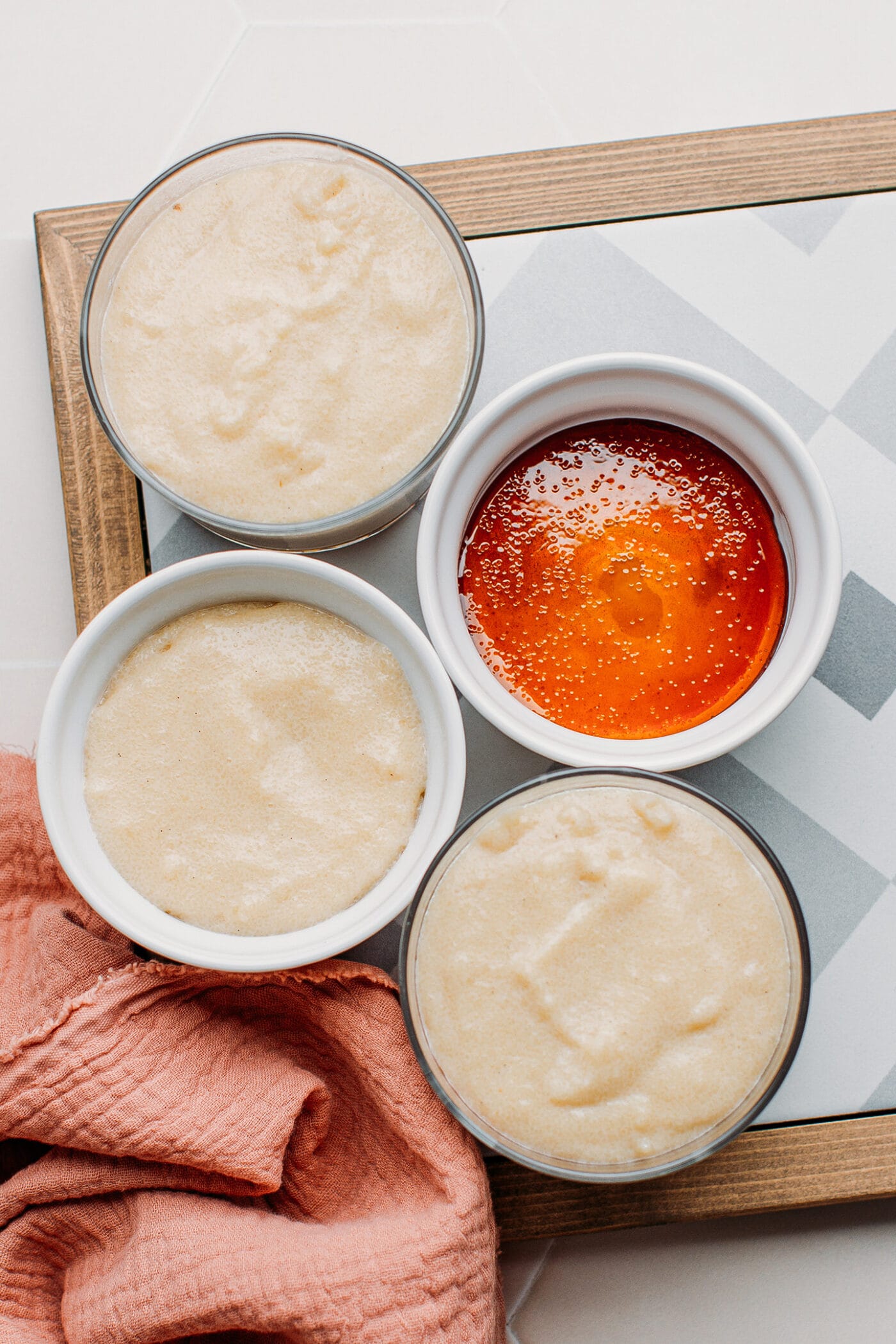 Semolina pudding on top of caramel, in small ramekins.