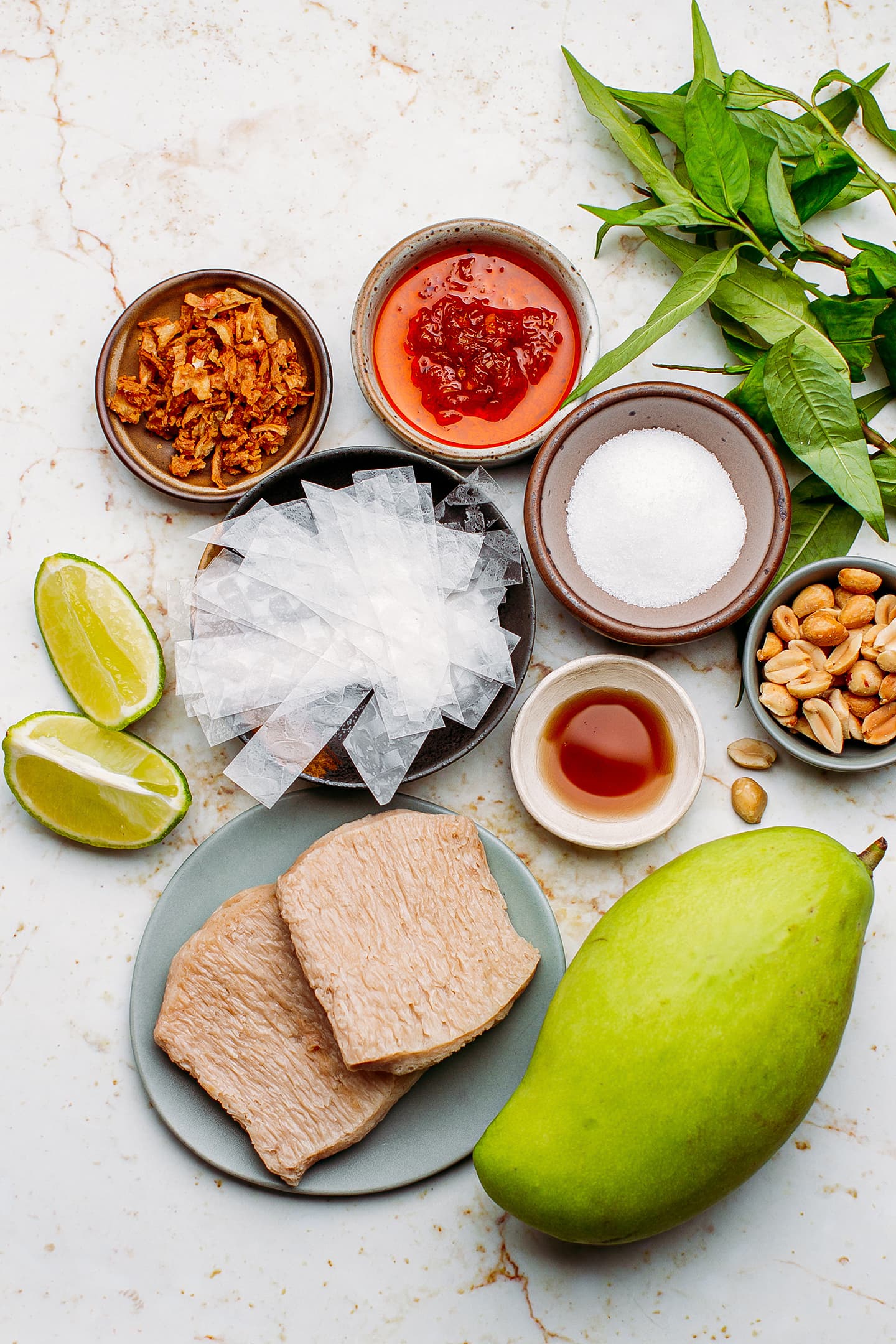 Ingredients like rice paper, green mango, lime, peanuts, and fried shallots.